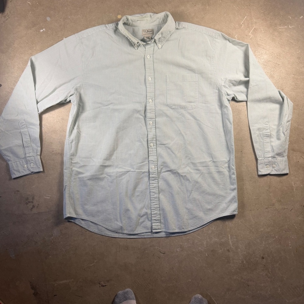 LL Bean Mens XL Regular Seersucker Button Down Shirt Green White Stripe Cotton